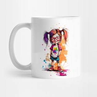 Colorful little funny girl with glasses at school Mug